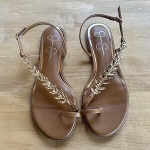 Women's Jessica Simpson Gold Leaf Metallic Flip Flops brown Flats 9.5 NEW